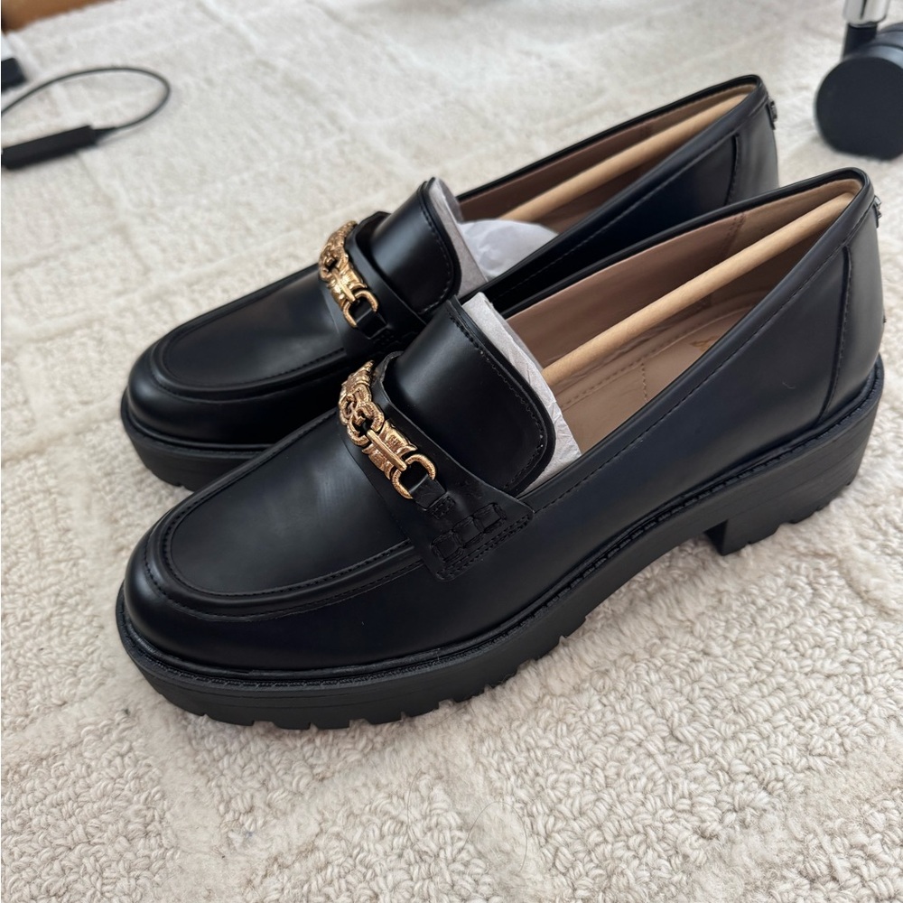 Sam Edelman Chunky Black Loafers with Gold Accent